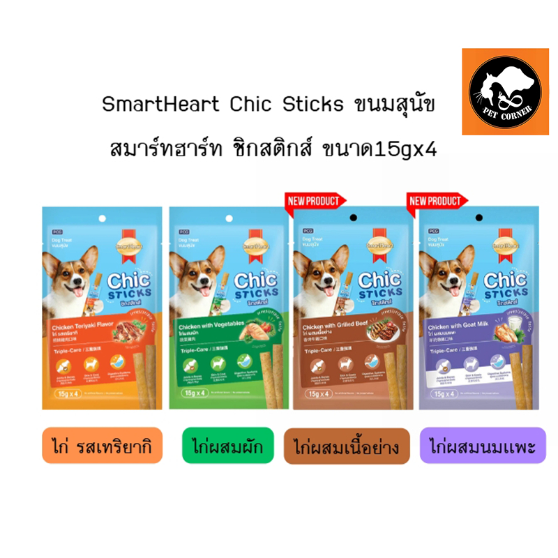 ใหม่ SmartHeart Chic Sticks ขนมสุนัข สมาร์ทฮาร์ท ชิกสติกส์  ขนาด15gx4 ซอง
