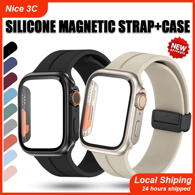กระจก+เคส+สายคล้อง สำหรับ Apple Watch 44 มม. 45 มม. 46 มม. 42 มม. หัวเข็มขัดแม่เหล็ก สายซิลิโคน+ฝาครอบ iWatch Series10 9