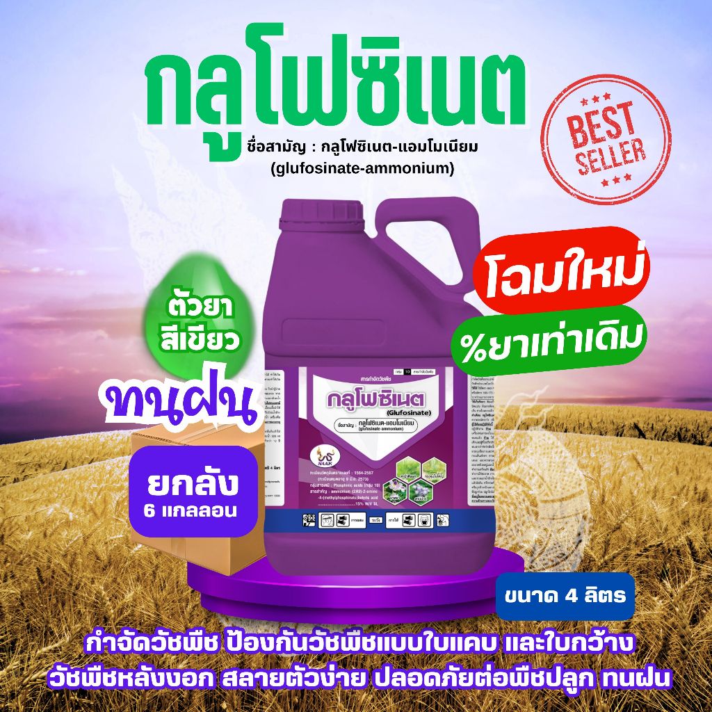 [ยกลัง6แกลลอน] NAAK กลูโฟซิเนต 4 ลิตร กระติกม่วง บรรจุ 6 แกลลอน กลูโฟซิเนต-แอมโมเนียม ยาฉีดหญ้า ทนฝน ป้องกัน