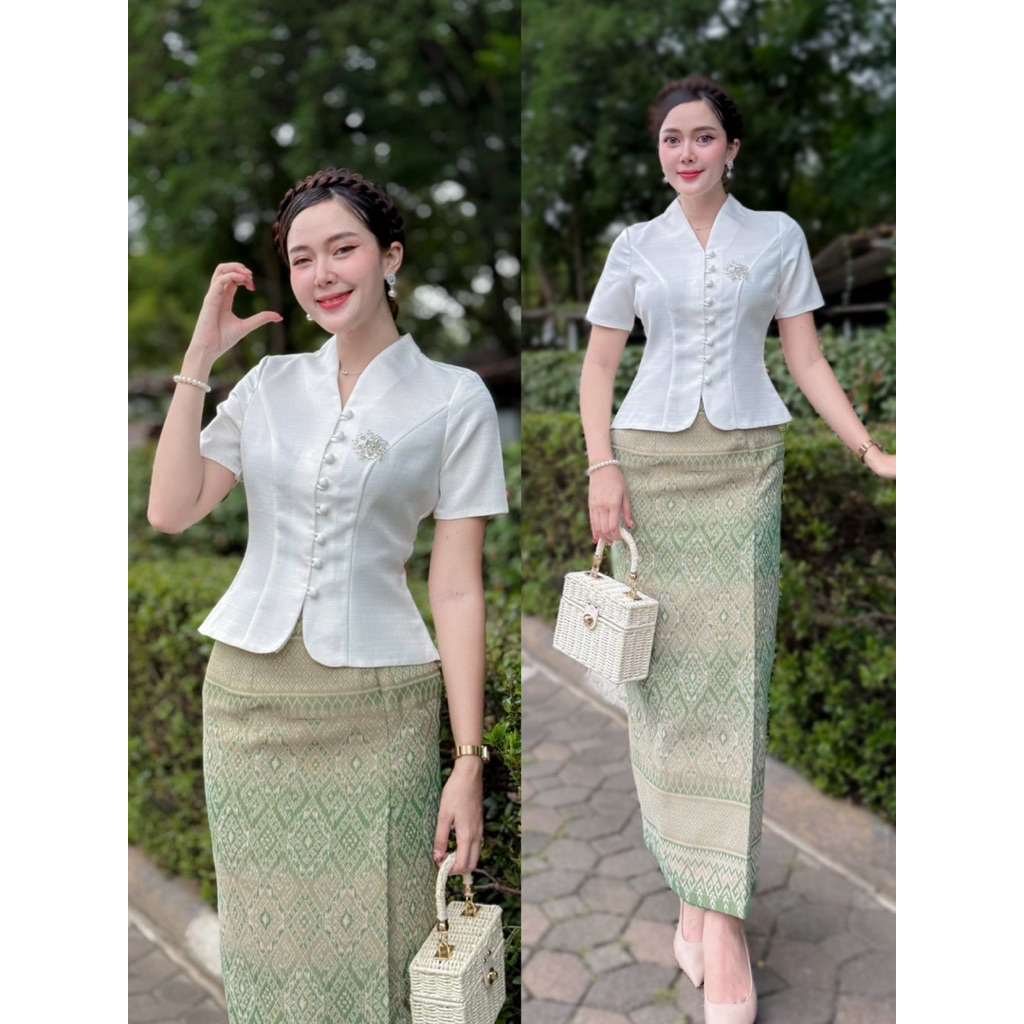 งานเซ็ต เสื้อคอปีน ไหมม่อน   เสื้อแขนสั้น กระดุมหน้า ใช่งานได้จริง +ผ้าถุงแบบสำเร็จรูปผ้าฝ้ายทอป้ายสำเร็จรูป ติดตะขอ