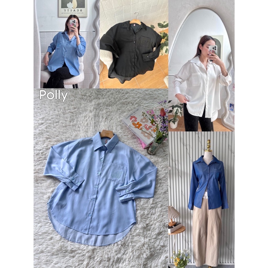 ป้าย Polly เสื้อเชิ้ตแฟชั่นผ้าคอตตอนเนื้อนิ่ม อก 42 นิ้ว ยาว 26 นิ้ว