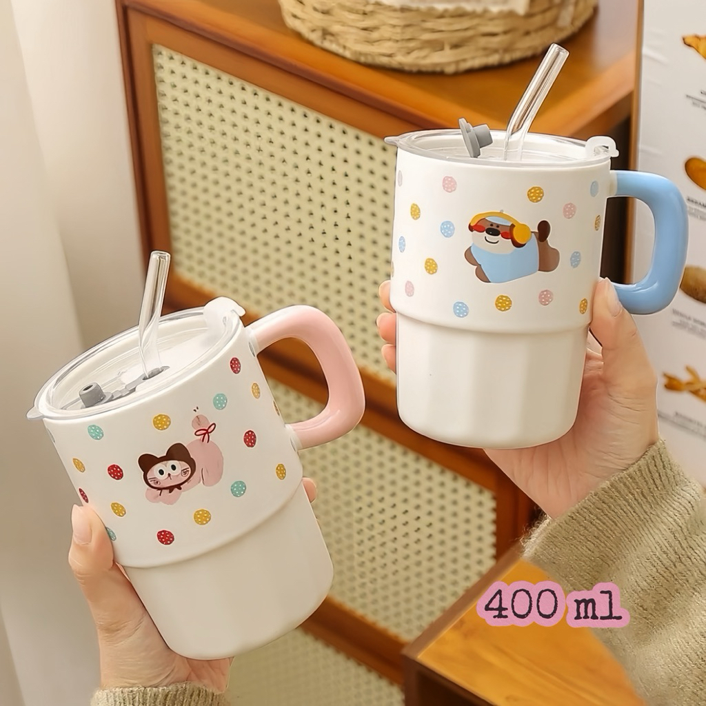 แก้วน้ำ เซรามิค มีหลอดและฝา แก้วเก็บความเย็น 400 มล ทนทาน แก้วน่ารัก ลายการ์ตูน พร้อมส่ง – โปรปัง