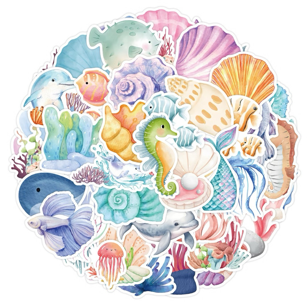 สติ๊กเกอร์ น้องปลา 208 ไม่ซ้ำแบบ 50ชิ้น กันน้ำ fish ฉลาม ปลาดาว ปลาฉลาม เพลง การ์ตูน โลมา Loma ทะเล ช้าง นางเงือก เด็ก