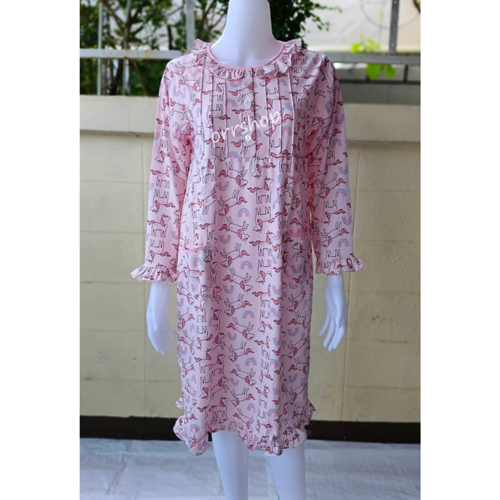 ชุดนอนผู้ใหญ่ ไซส์รองฟรีไซส์ ไซส์ 14-1 6 ผ้ายืด (ชุดกระโปรงแขนยาว)