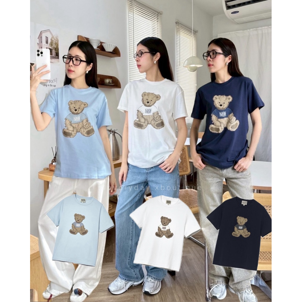 Mar Bear T-Shirt 🧸🩵(330฿)เสื้อยืดแบรนด์ดังเกาหลี รุ่นใหม่ ดีเทลสกรีนลายโลโก้น้องหมีด้านหน้า ชนช็อปเกาหลีเลยค้า valen - รูปที่ 2