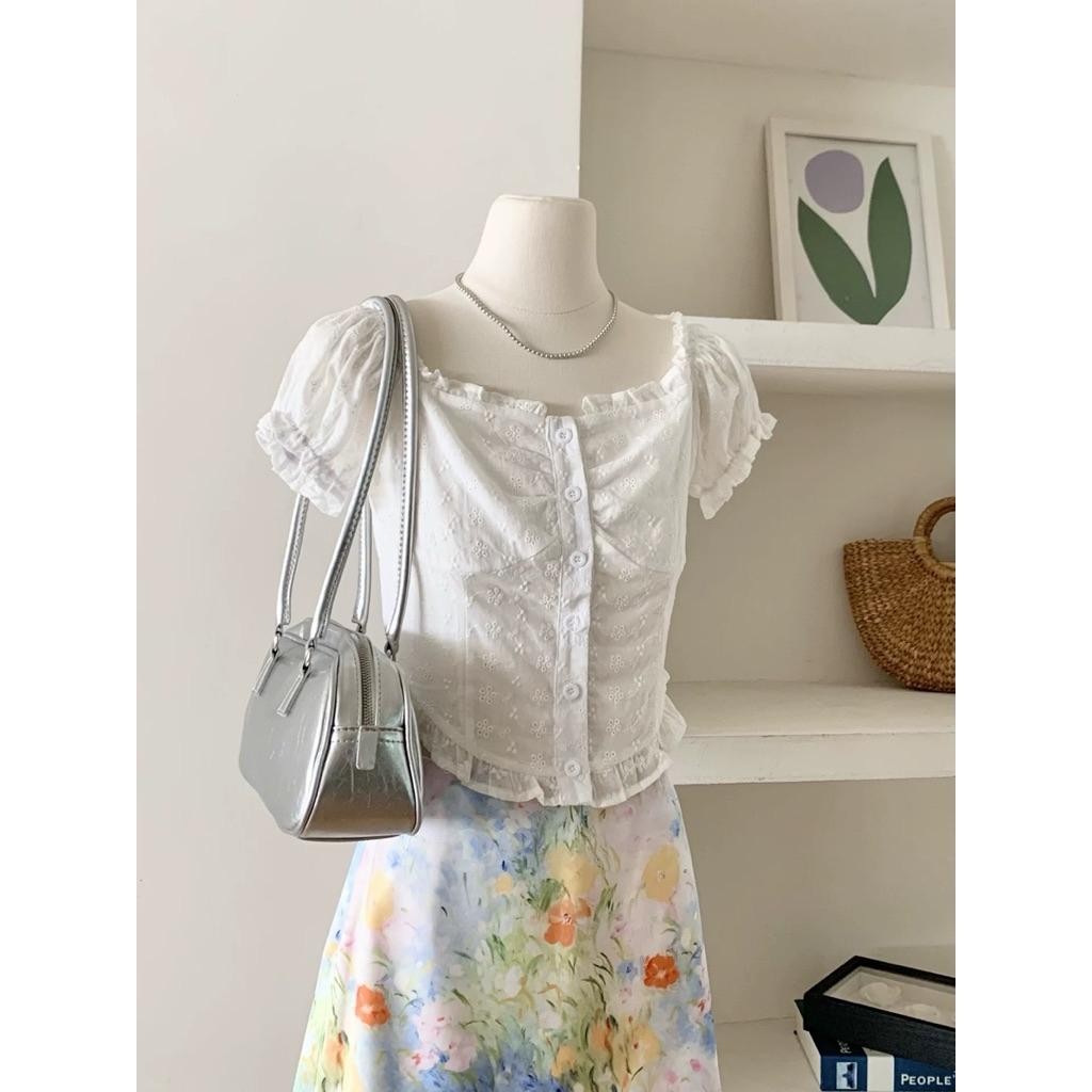 Somedays_closet l🌷พร้อมส่ง🌷Jiyeon Top🇰🇷เสื้อลูกไม้ขาว แต่งระบายเล็กๆมีซับในทั้งตัว