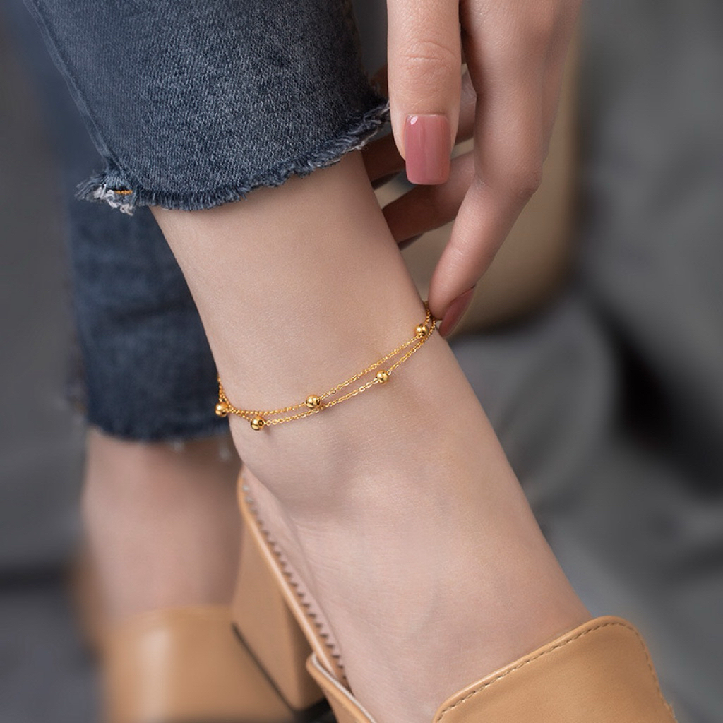 กำไลข้อเท้าลูกปัดนำโชคสองชั้น / Double-layer lucky bead Anklet / Titanium Anklet/Korean Anklet/สร้อยข้อเท้าสไตล์เกาหลี