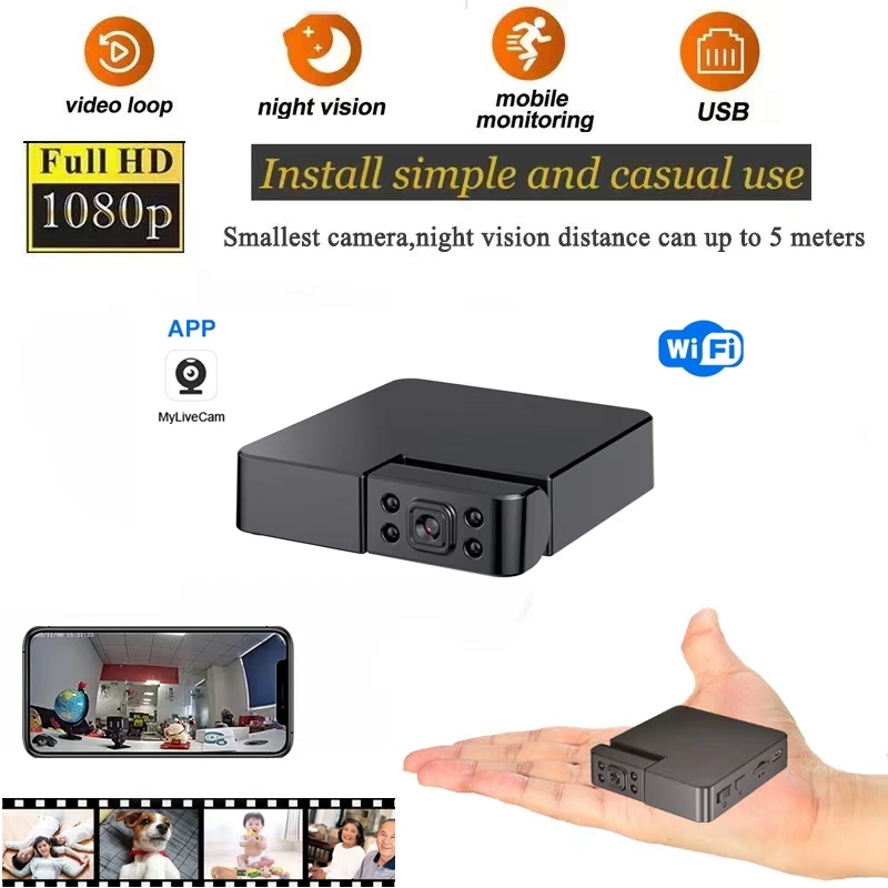 กล้องวงจรปิดขนาดเล็ก 1080P กล้องจิ๋ว APP ควบคุมแบตเตอรี่ในตัว mini cctv Night Vision 180 °