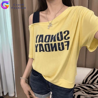 Crush พร้อมส่ง ทรงหลวม เสื้อยืดเปิดไหล่ เสื้อเเขนสั้นผู้หญิง ใส่เเบบเปิดไหล่ได้ ผ้านิ่ม