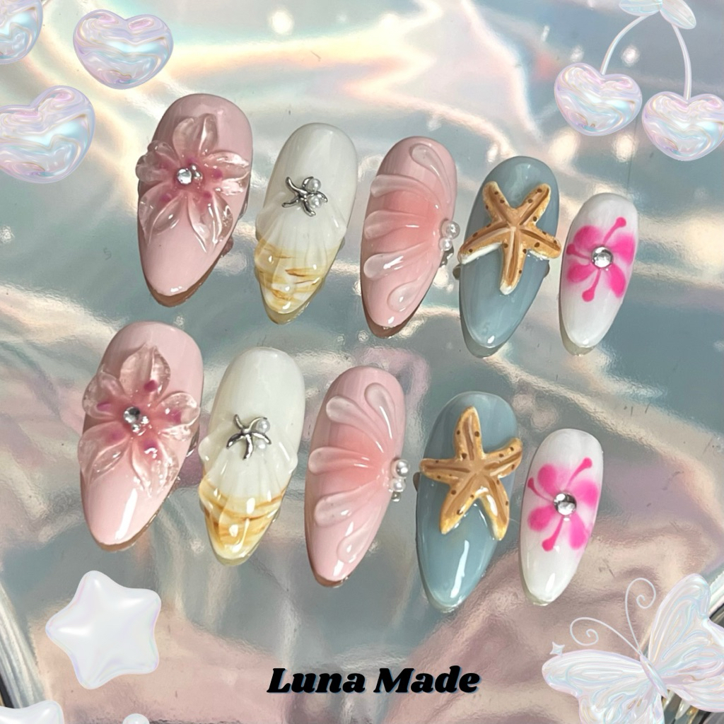 LUNAMADE  🍧  เล็บเจลปลอมสำเร็จรูป เจลแท้ ทะเล summer ปั้นนูน ดอกไม้ ฟ้า ชมพู  🍧 เลือกขนาดได้  กรุณาวัดไซส์ก่อนสั่ง