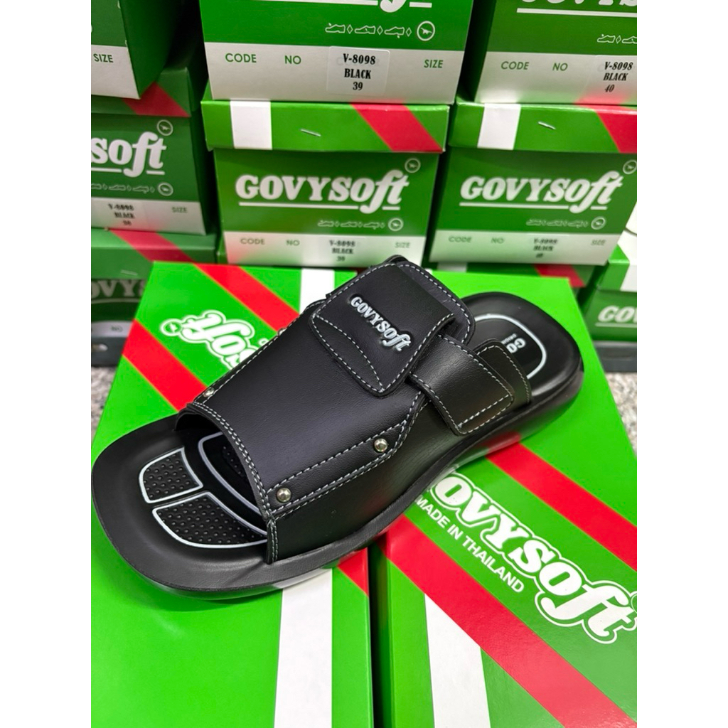 รองเท้าแตะชาย แบรนด์ Govy Soft รุ่น 1002 หนัง PU นุ่มใส่สบาย สีดำ ไซส์ 38-43