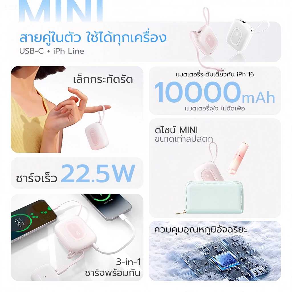 [China CCC]UNEED POWERBANK Mini 10000mAh Fast Charge PD22.5W พาวเวอร์แบงค์ พกพา เล็ก พาวเวอแบงค์ 2 thumbnail 4