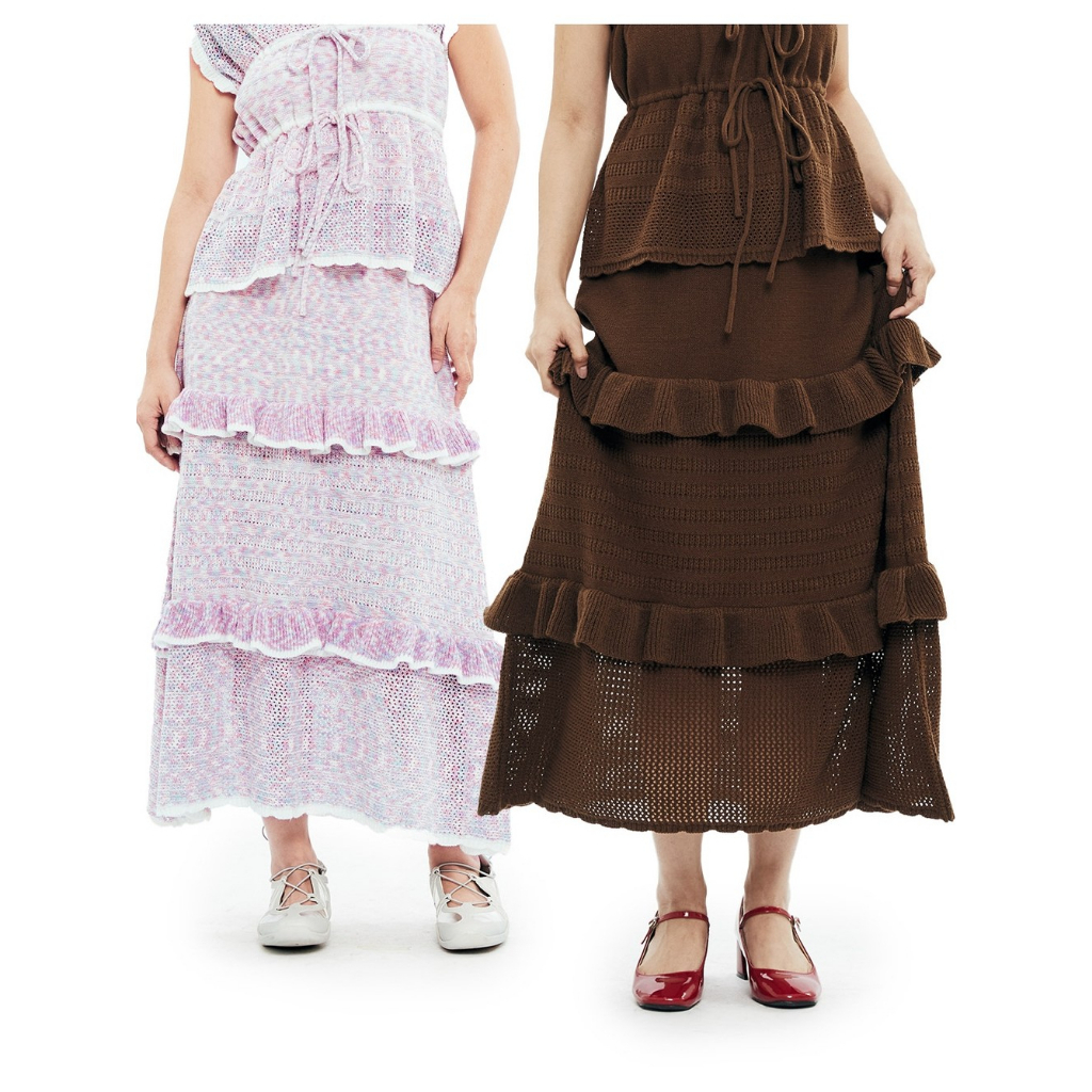 CUPPA - BAMBI Knit ruffle Long Skirt (2 สี) กระโปรงไหมพรม ทรงยาว เอวยางยืด ทอสามลาย สามระดับ ประดับด