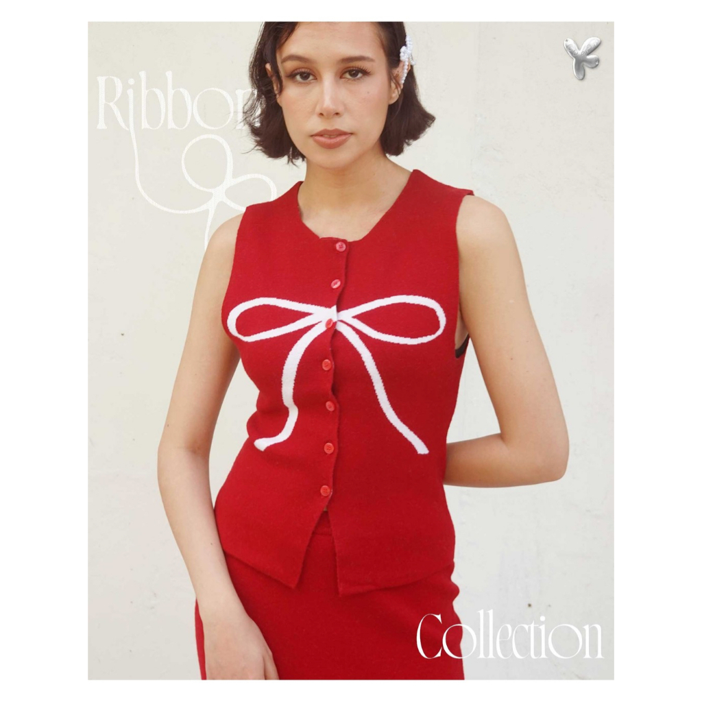 CUPPA -  RIBBON Vest Top (3 สี) เสื้อแขนกุดไหมพรม ทอลายโบว์ ผ่าหน้า มีกระดุม เนื้อผ้านุ่ม ใส่สบาย