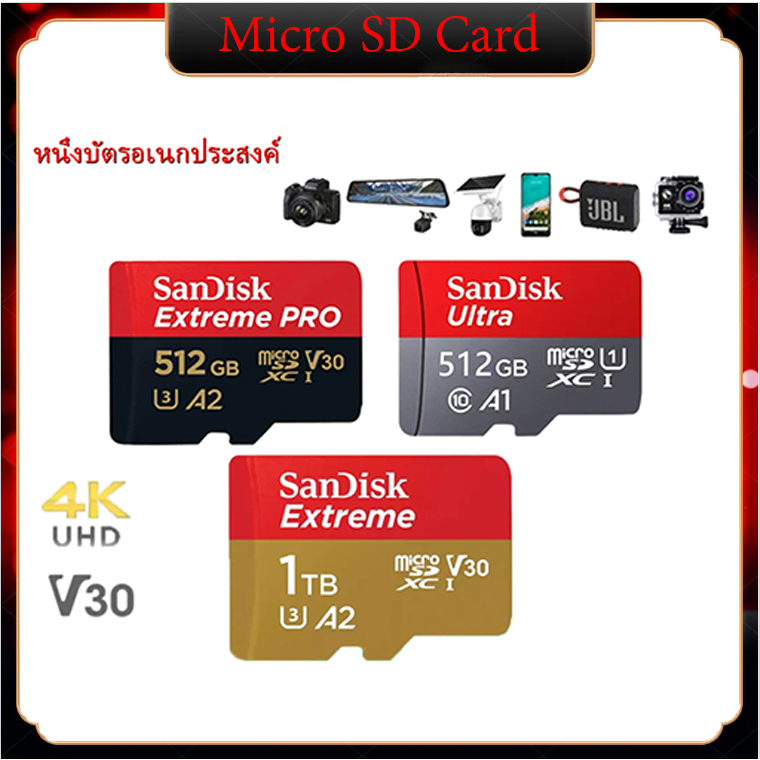 SanDisk Extreme Pro Micro SD Card 5K SDXC32GB 64GB 128GB 256GB 512GB 1T 200/90MB/s(SDSQXCD) เมมโมรี่ Gopro Drone