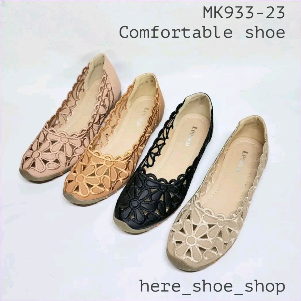 รองเท้าหุ้มส้นพื้นเรียบงานฉลุและปักลายด้วยมือสวยใส่สบายไม่ลื่น MK933-23 by here_shoe_shop