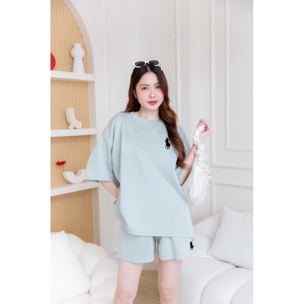 เซ็ตเสื้อคอกลมปัก(ม้า)กางเกงขาสั้นผ้าcottonนาโน