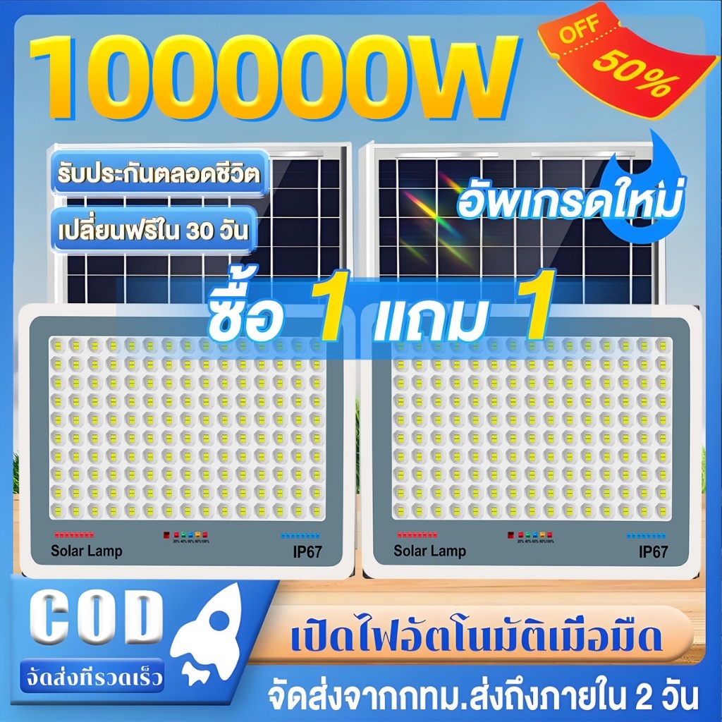 SYIP【📢ราคาขายส่ง】ไฟโซล่าเซลล์ โซล่าเซลล์ กันน้ำ กันฟ้าผ่า 100000W Solar Light โซล่าเซลล์สปอตไลท์ เปิดปิดอัตโนมัติ