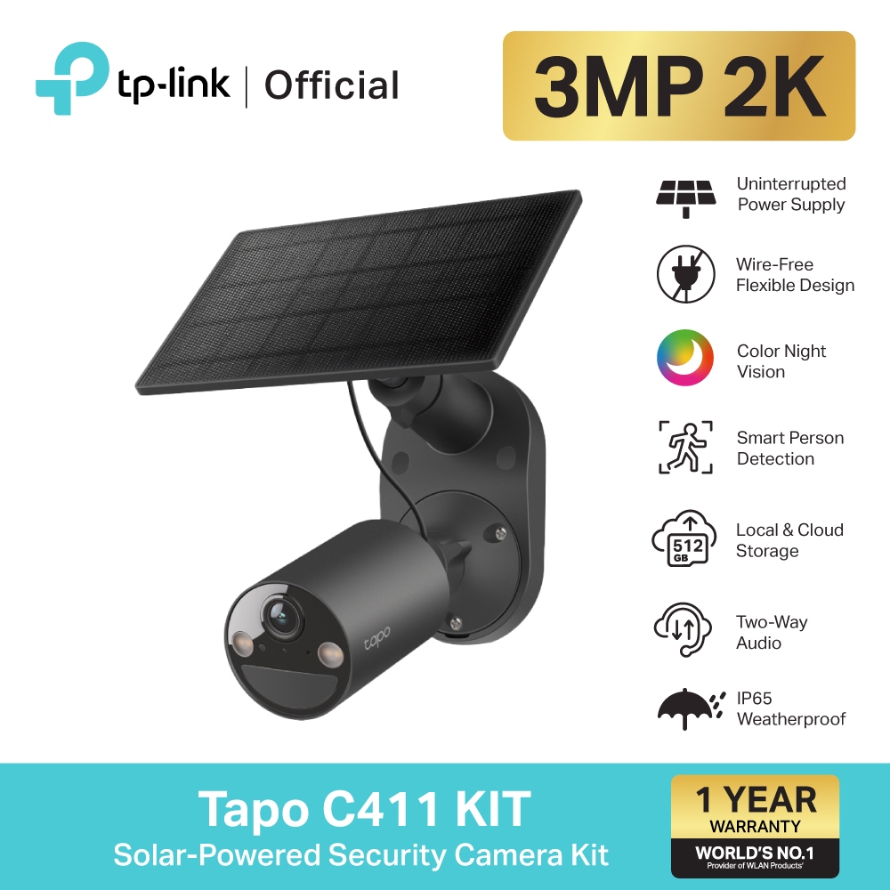 TP-Link Tapo C411 KIT ชุดกล้องวงจรปิด 2K 3MP พร้อมแผงโซลาร์เซลล์ IP65 Solar-Powered Security Camera 