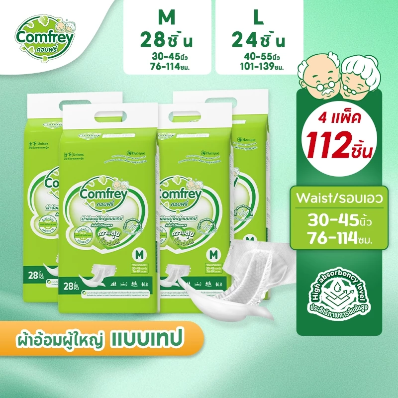 [ไซส์ M-L 4แพ็ค] Comfrey แพมเพิสผู้ใหญ่ ผ้าอ้อมผู้ใหญ่แบบเทป ราคาประหยัด
