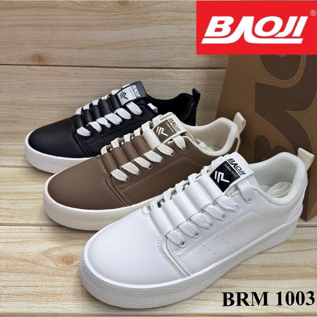Baoji  BRM 1003 รองเท้าผ้าใบ ผูกเชือก แบบหนัง (41-45) สีดำ/น้ำตาลอ่อน/ขาว ยป