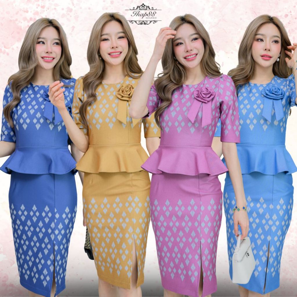 BS09 ชุดเดรสผ้าไหมญี่ปุ่นพิมพ์ลาย ใส่ออกงาน ใส่ทำงาน ชุดยาว 39 นิ้ว ทรงสวยแพทเทริน์เป๊ะ ihap88