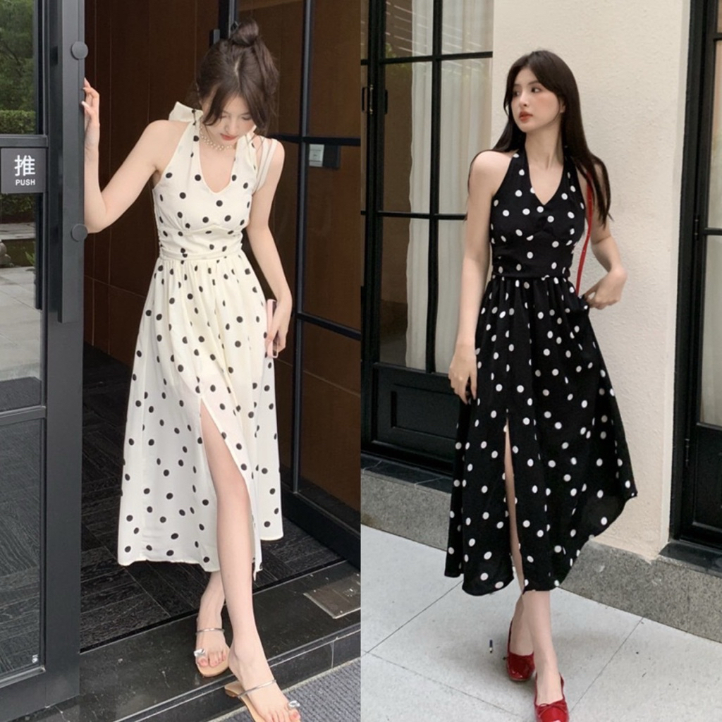 เดรสผูกคอสม็อคหลัง เนื้อผ้าครัช พิมลาย polka dots เนื้อผ้าใส่สบาย เพิ่มความพริ้วในการใส่ งานสวยงานปังมากค่ะ งานจริงค่ะ