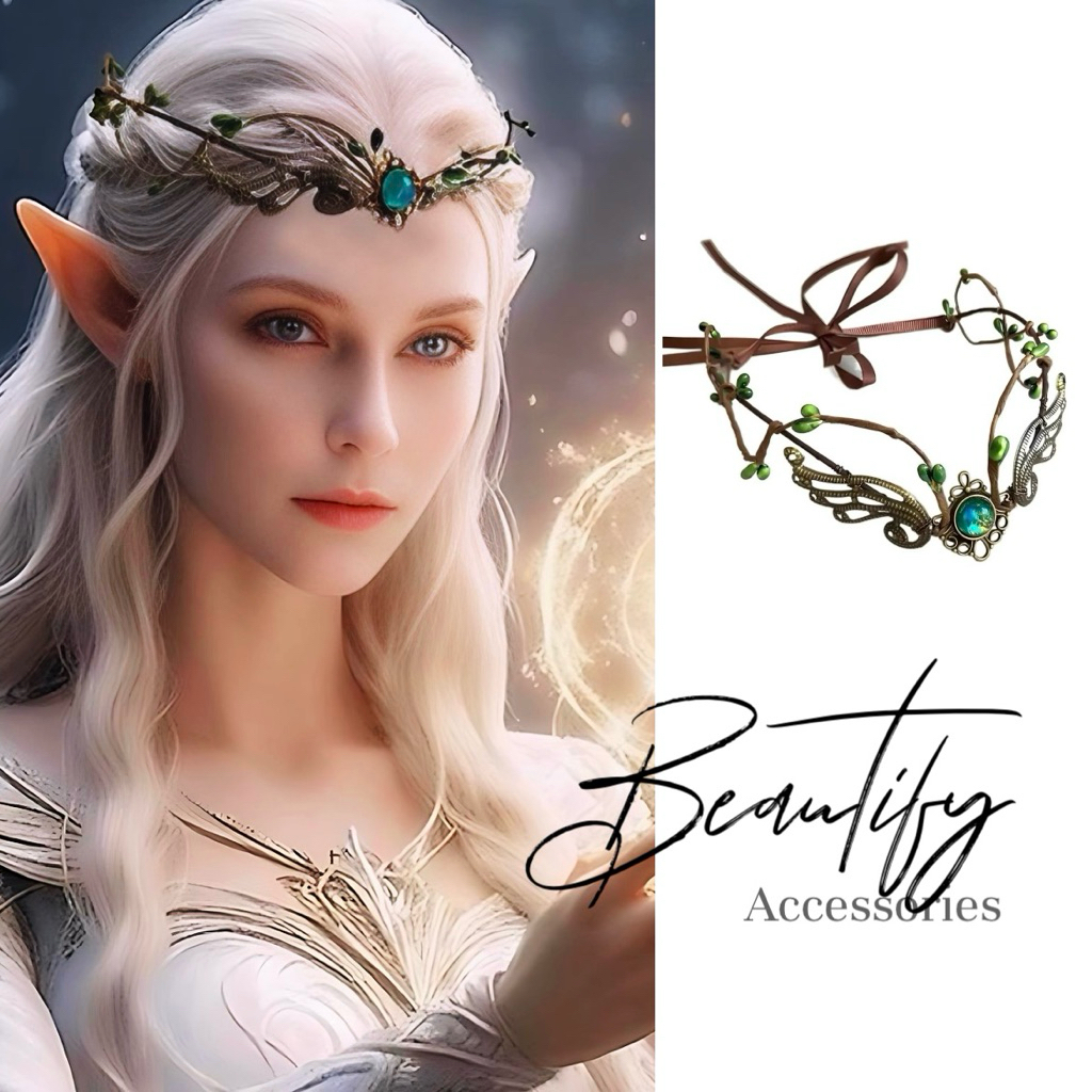 𝓑𝓮𝓪𝓾𝓽𝓲𝓯𝔂 มงกุฎเอลฟ์แต่งใบไม้คริสตัลประดับศรีษะตกแต่งทรงผมให้ความเป็นธรรมชาติ