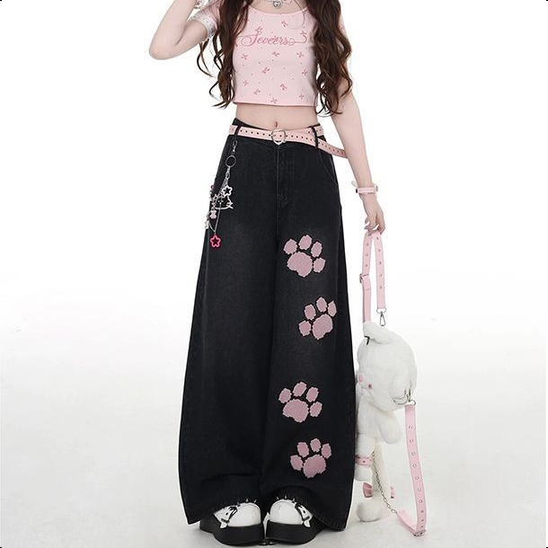 S-6XL กางเกงยีนส์ขายาว เองสูง สไตล์เกาหลี ทรงกระบอกใหญ่ ลายน่ารัก