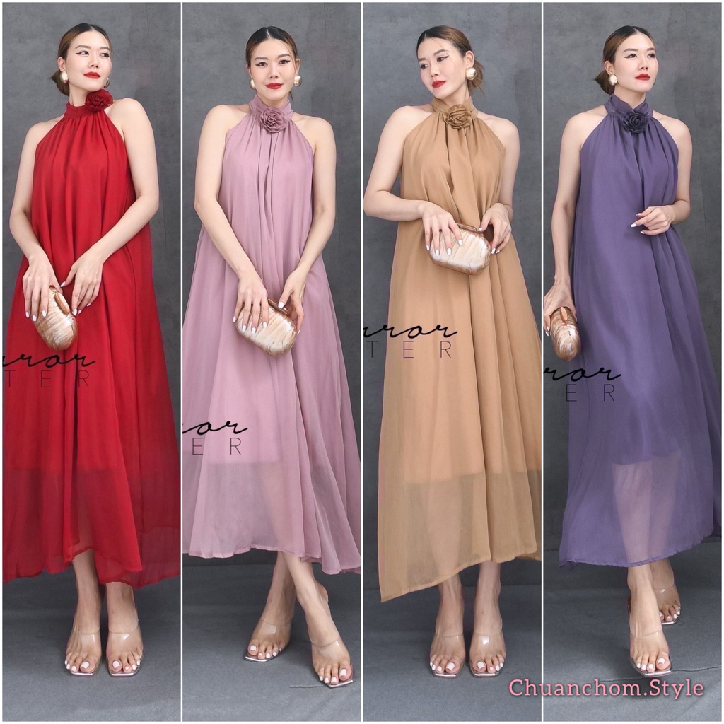 🔖Mirrorsister 31107.5 เดรสออกงาน เดรสแขนกุดทรงสวย มาพร้อมเข็มกลัดดอกไม้สามารถถอดออกได้ ผ้าเนื้อบางเบามีซับใน