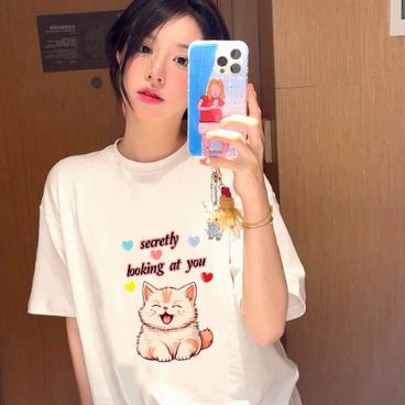 เสื้อยืดคอกลมพิมลายแมวยิ้ม วัสดุทำมาจากผ้าไหมนม  เสื้อน่ารัก ใส่สบาย ไม่ร้อน BP001-T0005