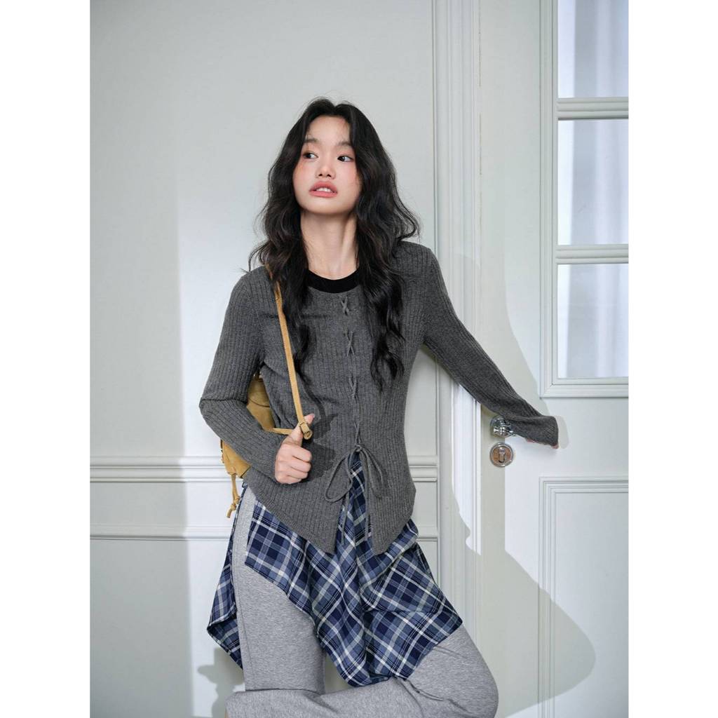 [Preorder] KUOSE : Ribbon Tie Hem Knit Top