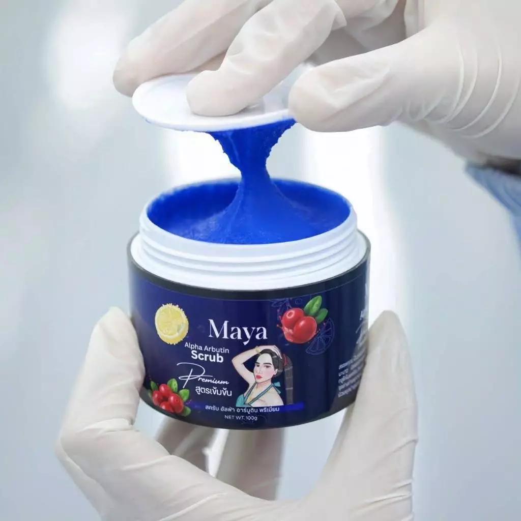 สครับมาญา MAYA สครับแบรนด์มายาและ สบู่มายา สครับกระปุกสีน้ำเงินสูตรอัลฟ่าอบูติน