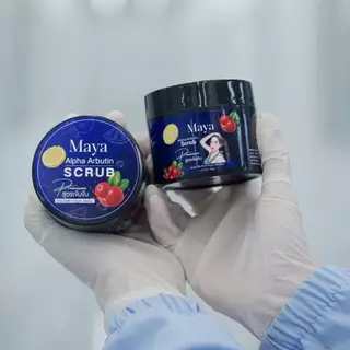 สครับมาญา MAYA สครับแบรนด์มายาและ สบู่มายา สครับกระปุกสีน้ำเงินสูตรอัลฟ่าอบูติน