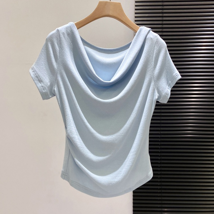 Y6Y - เสื้อยืดแขนสั้นปิดไหล่แฟชั่นเซ็กซี่ เสื้อครอปทร สลิมฟิตสไตล์ฝรั่งเศสสำหรับผู้หญิง