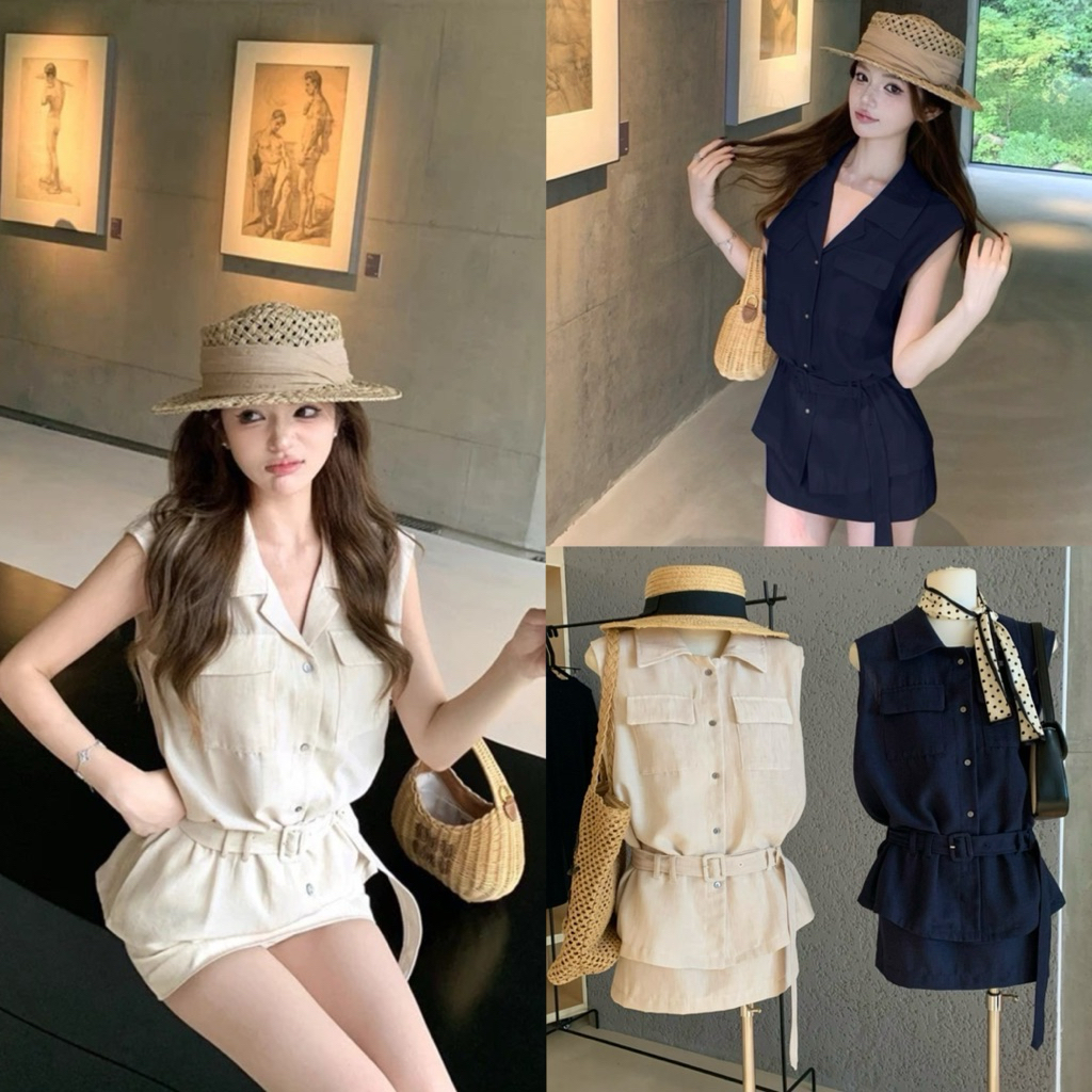 6743# Set 2 pcs เสื้อคอปกแขนกุดกระดุมหน้า + กระโปรงสั้น งานซิปข้าง เนื้อผ้าดี งานสวย มีซับใน + เข็มขัด TAG:WG.WE 🇰🇷