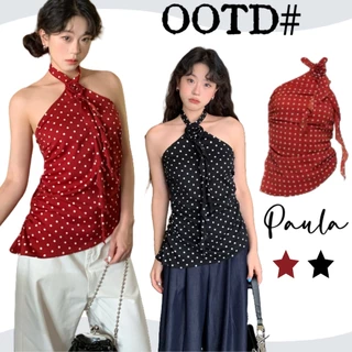 Paula พร้อมส่ง🌴เสื้อคล้องคอผู้หญิง🌴แต่งดอกไม้ลายโพกาดอท สีแดงสดใส่ เสื้อครอปทรางรัดรูป เรียบหรู เปิดหลัง