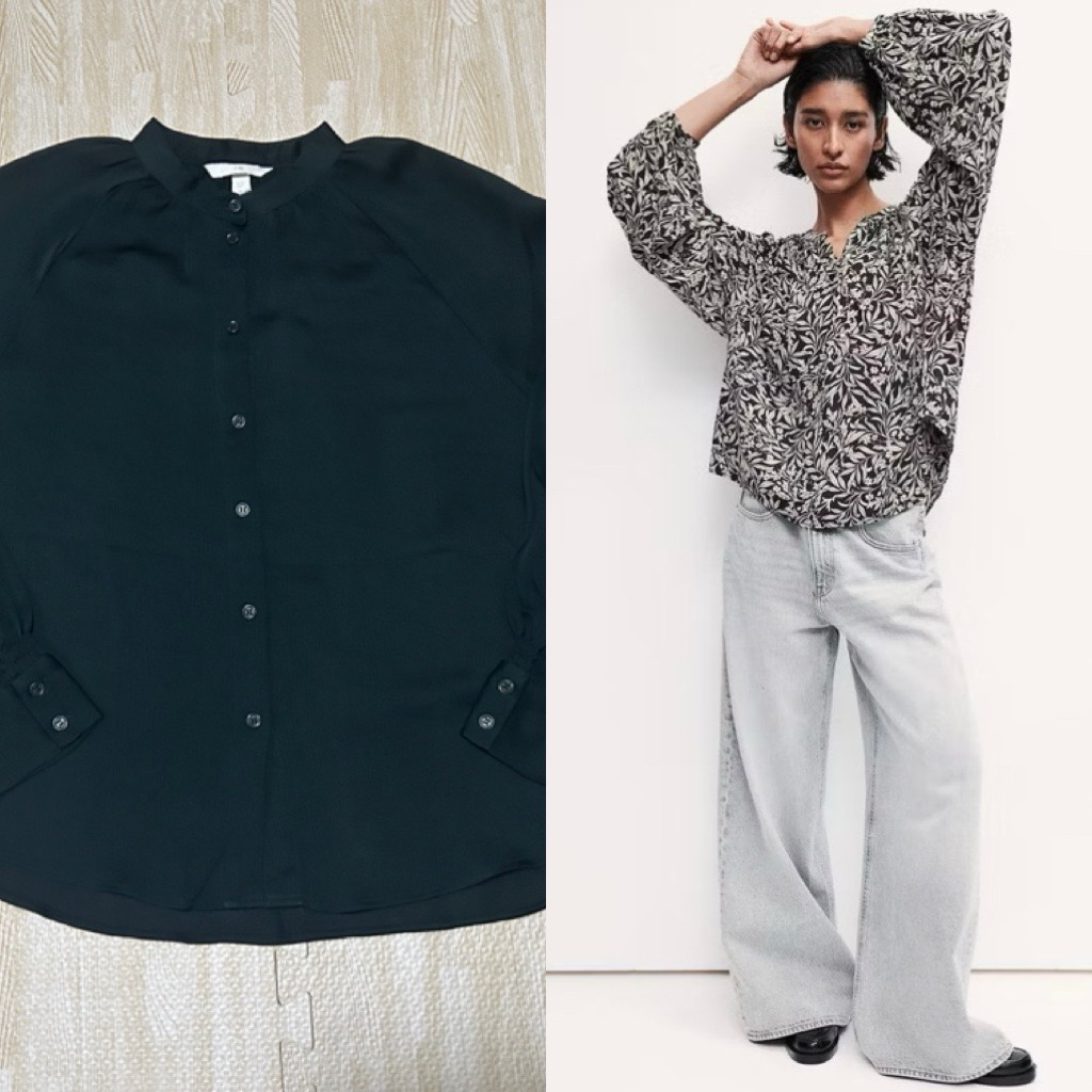 เสื้อเชิ้ต H&M ผ้าชีฟอง🍀EUR34 อก 41 นิ้ว🍀สีเขียว คอจีน แขนยาวพอง