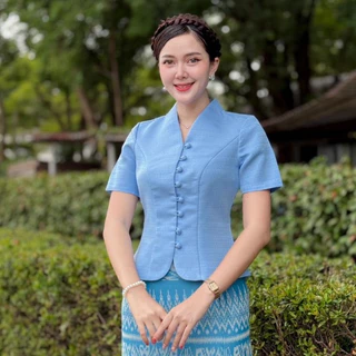 H-NA (ขายแยก)💓💓 ชุดผ้าไทยสีฟ้า เสื้อคอปีนไหมม่อนแขนสั้น กระดุมหน้า +ผ้าถุงแบบสำเร็จรูปผ้าฝ้ายทอป้ายสำเร็จรูป