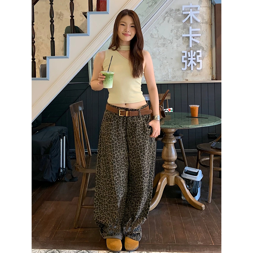 Yelikk สตรี ออกแบบ เอวสูง อเมริกัน ย้อนยุค ลายเสือดาว หลวม เวลาว่าง ออลแมตช์ ขากว้าง ยีนส์ 035