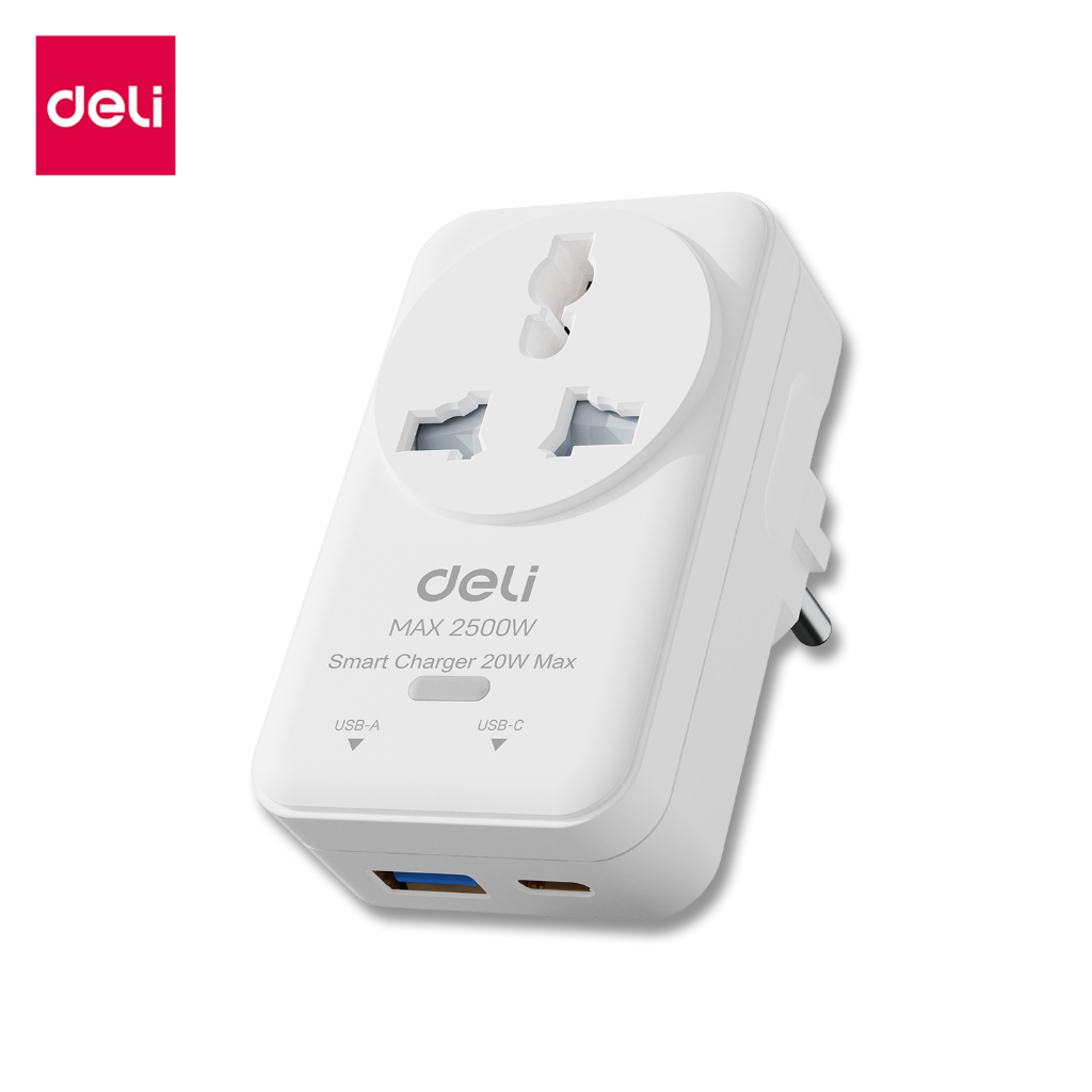 Deli อแดปเตอร์ ปลั๊กแปลง หัวปลั๊กแปลงไฟ ชาร์จเร็ว 12วัตต์ 20วัตต์ ไฟสูงสุด 2500W Universal Adapter