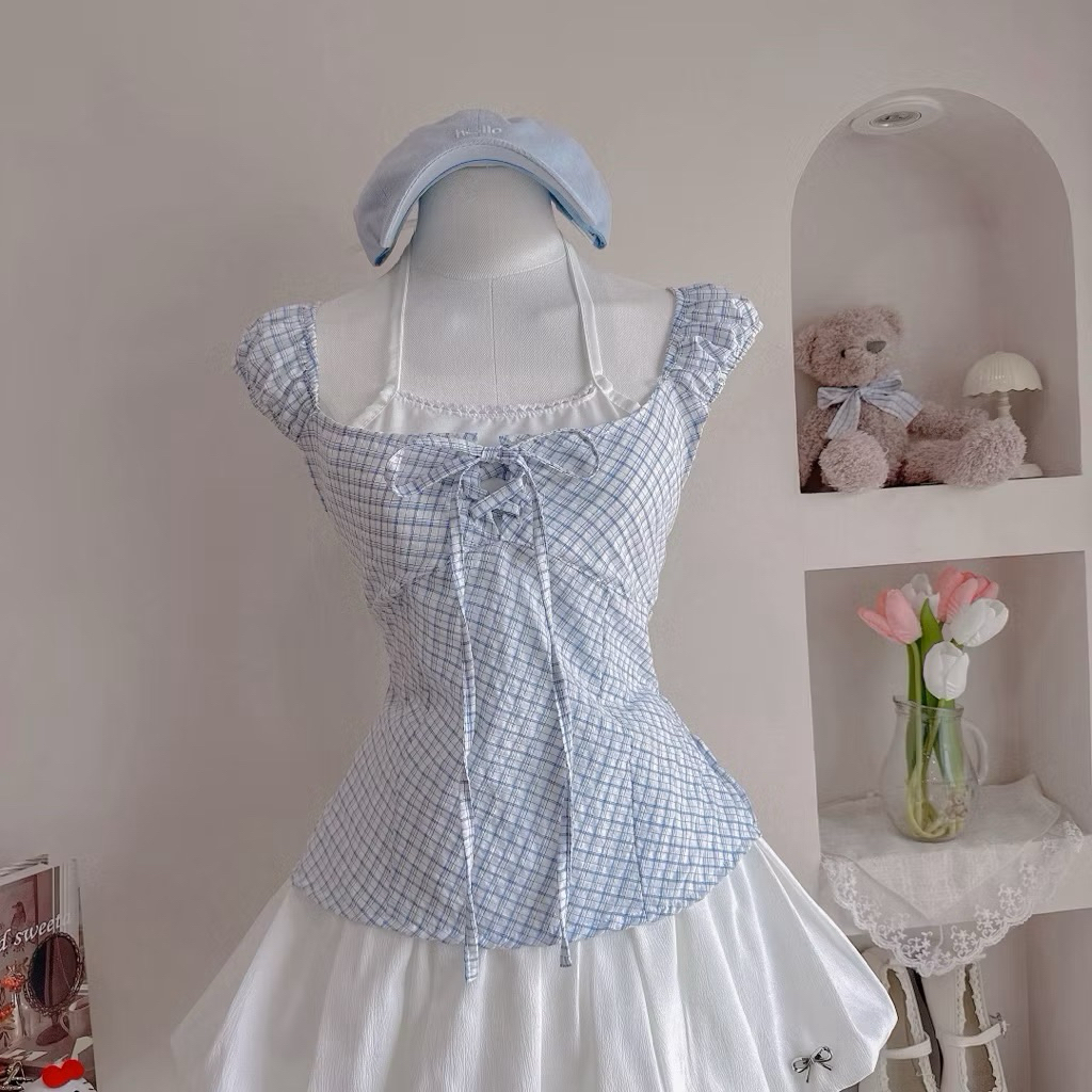 เสื้อลายตารางผูกคอ✨สวยๆน่ารัก