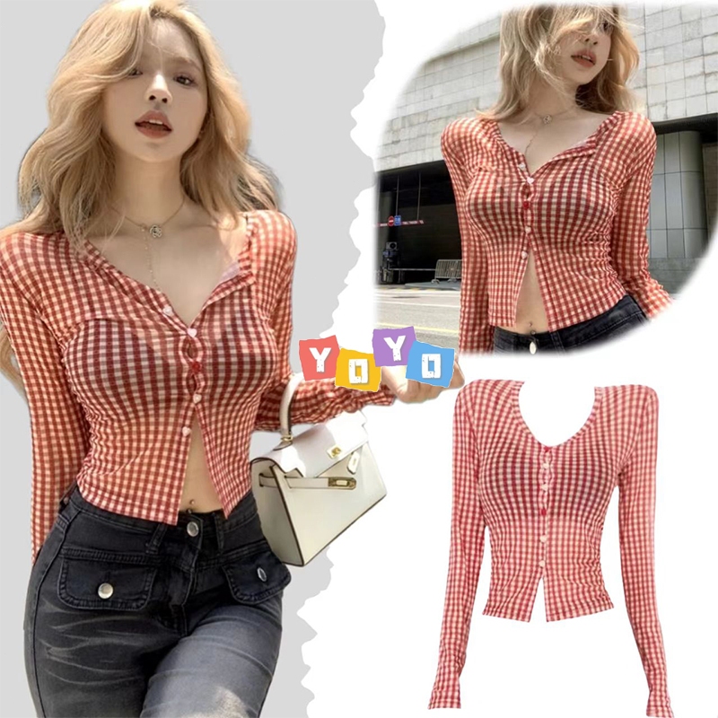 YOYO พร้อมส่ง🌈เสื้อคลุมแขนยาว🌈สีแดงลายตาราง เสื้อซีทรู แมทซ์ได้ทุกลุค ผู้หญิง เซ็กซี่ เสื้อแฟชั่น ทรงครอป สไตล์สาวแซ่บ