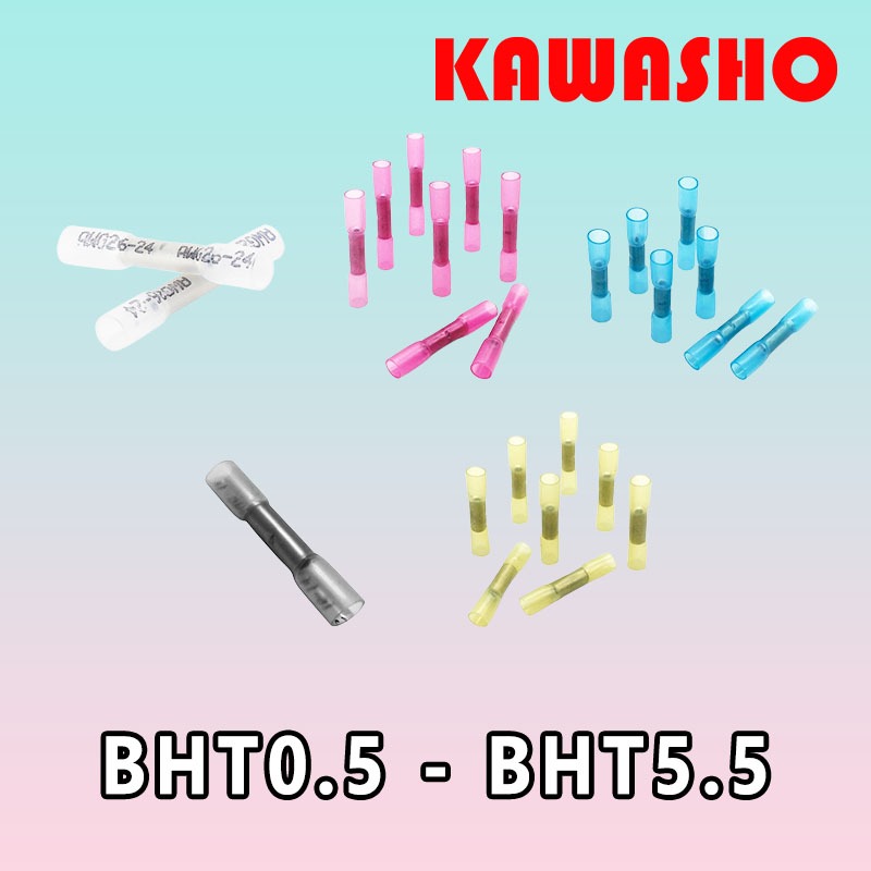 BHT 0.5/1.25/2/2.5/3.5/5.5 สลิปหุ้มท่อหดกันน้ำ สี ใส/แดงใส/ฟ้าใส/ดำใส/เหลืองใส  ″KAWASHO″ **ขายยกแพ็คๆละ50ชิ้นค่ะ**