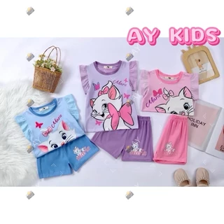 AY107 ชุดเซ็ตเสื้อกางเกง ลายแมวผูกโบว์ สีหวานๆ น่ารักมากๆ ผ้านิ่ม ใส่สบาย