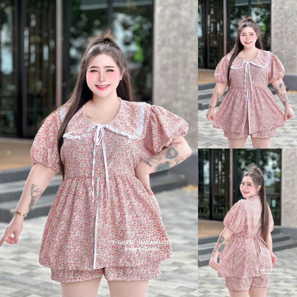 (12.12โปรเดือน12)C18ชุดเซตขาสั้นคอบัว-ลายดอกเดซี่ใส่เที่ยวคาเฟ่