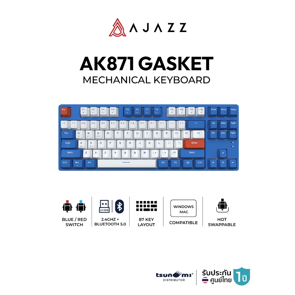 คีย์บอร์ดเกมมิ่ง Ajazz AK871 Wirelss Hotswap Dual Module(2.4+BT) TKL 80% 87Key Mechanical Keyboard ร