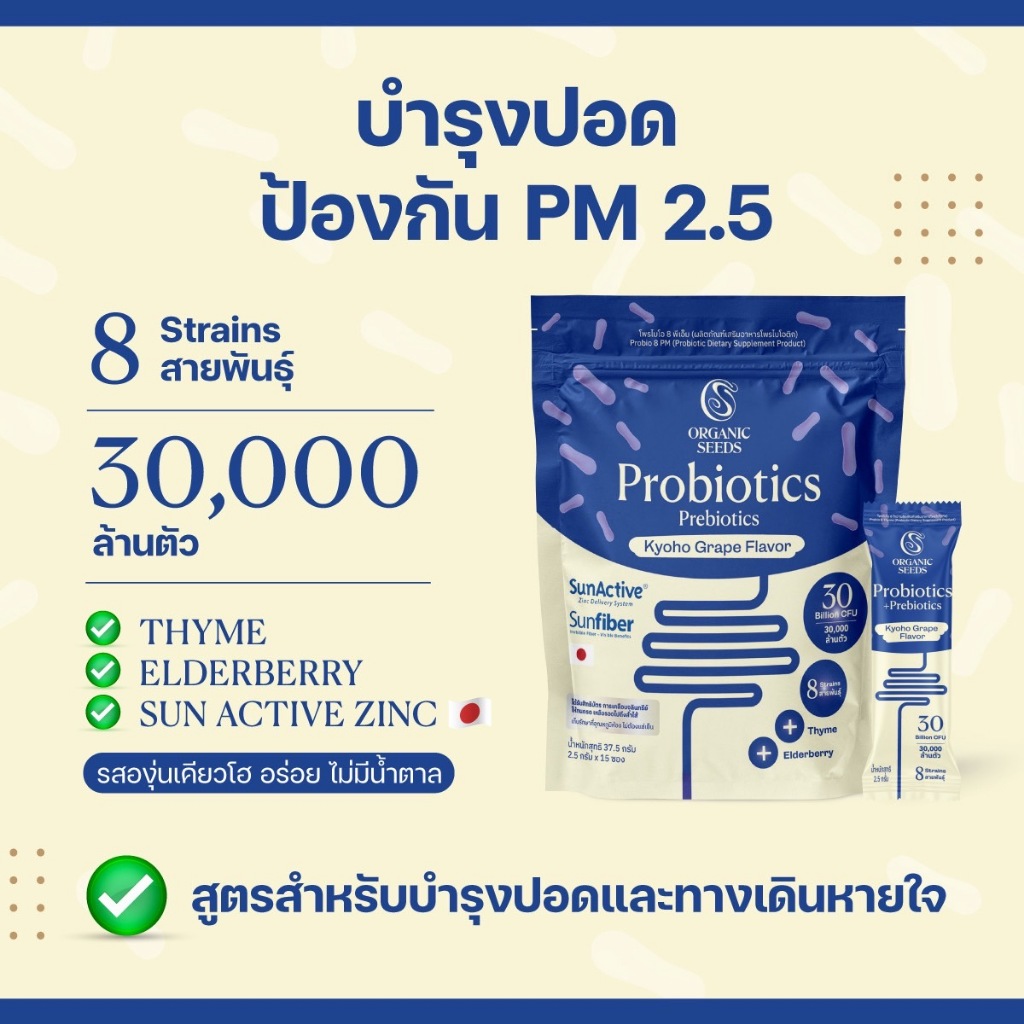Organic Seeds โพไบโอติกรสองุ่นเคียวโฮ Probio 8 PM Probiotics + Prebiotics + Superfoods - Kyoho Grape Flavor (15 Sachets)