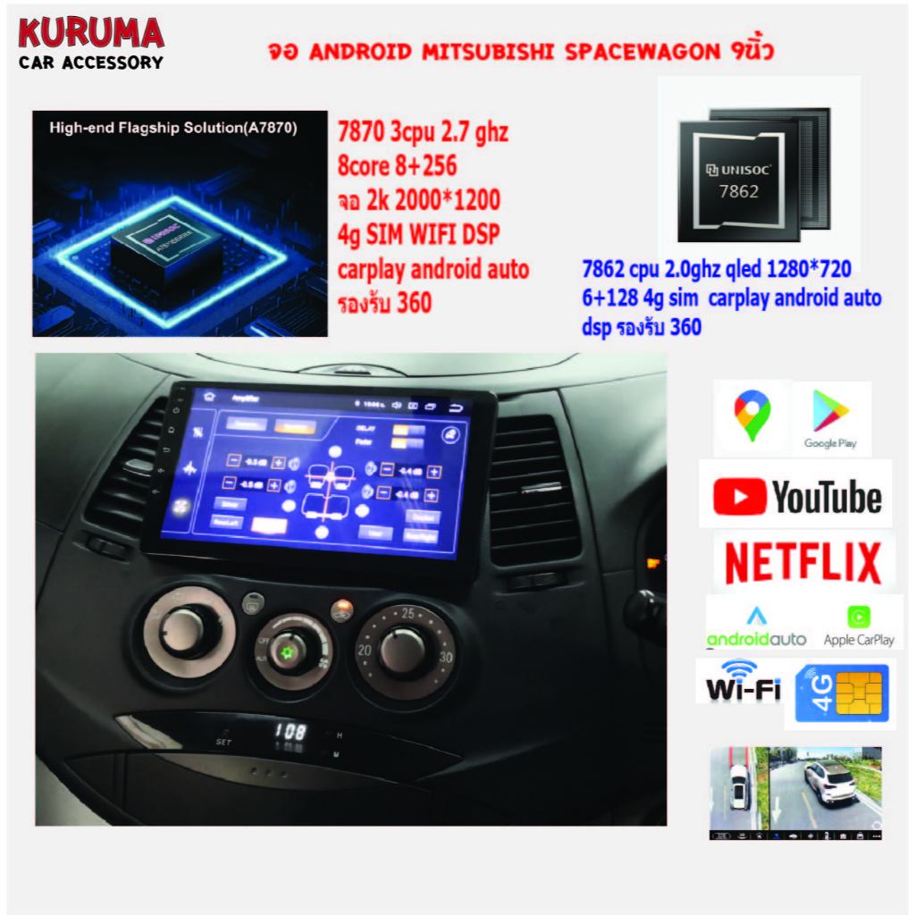 จอ Android Mitsu spacewagon 7870 3CPU 2.7GHZ 8+256 2k 360/7862 2CPU 8core 6+128 QLED 360