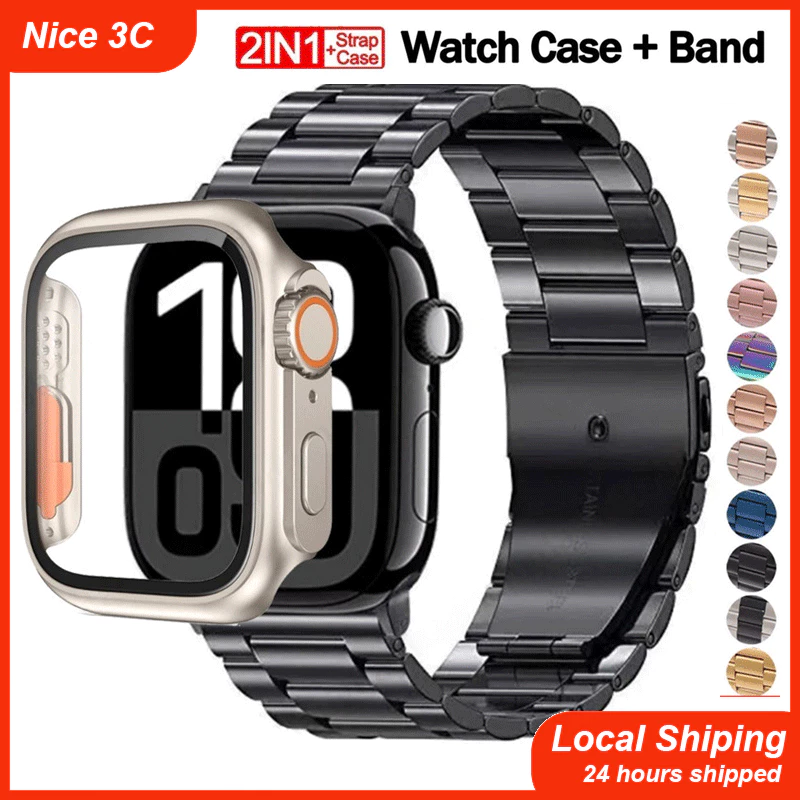 สายโลหะ + เคสพีซีสำหรับ iWatch Series 10 46 42 มม. 45 44 41 40 มม. สายสแตนเลส หน้าจอ เคสกระจกนิรภัย iWatch Series 9 8 SE